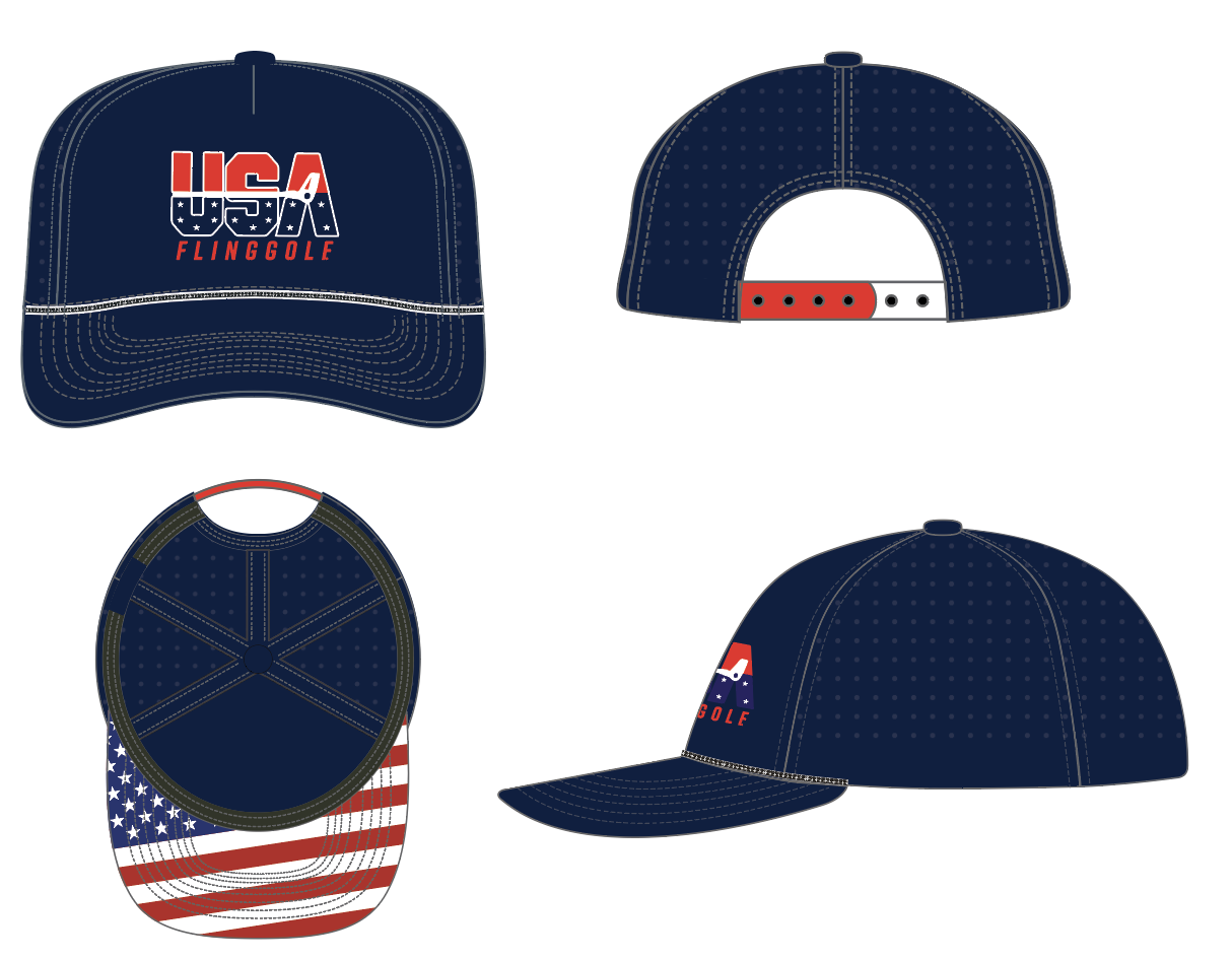Team USA FlingGolf navy snapback — front, back, underbrim, and side views